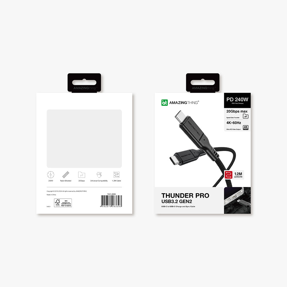 Amazingthing Thunder Pro USB3.2 Gen2 PD3.1 Port Korumalı Type-C to Type-C Kablo 120cm 240W 4K@60Hz Siyah
