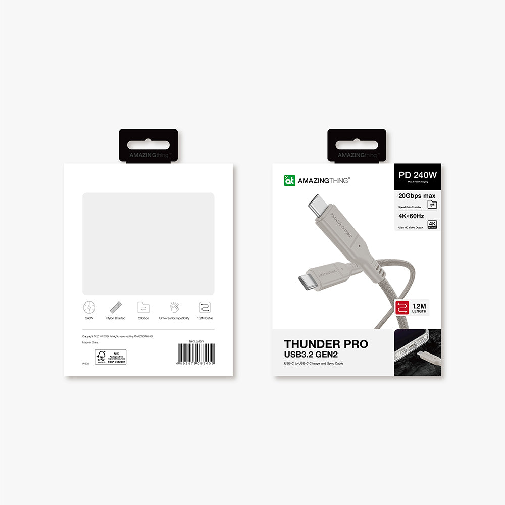Amazingthing Thunder Pro USB3.2 Gen2 PD3.1 Port Korumalı Type-C to Type-C Kablo 120cm 240W 4K@60Hz Siyah