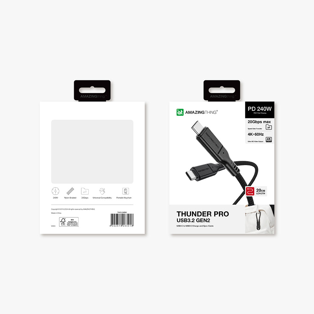 Amazingthing Thunder Pro USB3.2 Gen2 PD3.1 Port Korumalı Type-C to Type-C Kablo 20cm 240W 4K@60Hz Siyah