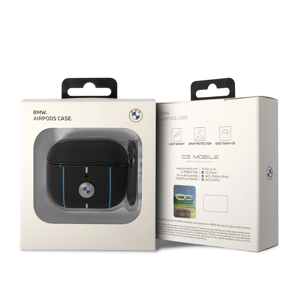 Airpods 3.Nesil Kılıf BMW Orjinal Lisanslı PU Deri Mavi Beyaz Çizgili Metal Logolu Kılıf Siyah