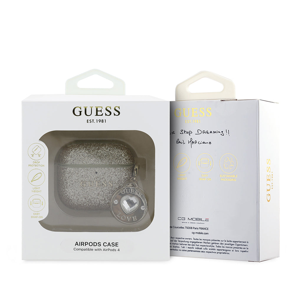 Apple Airpods 4 Kılıf Guess Orjinal Lisanslı Glitter Elmas Kalp Süs Zincirli Kapak Gold