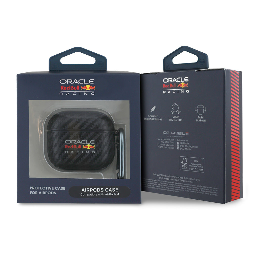 Apple Airpods 4 Kılıf Redbull Orjinal Lisanslı PU Karbon Fiber Tasarımlı Askı Aparatlı Kapak Siyah