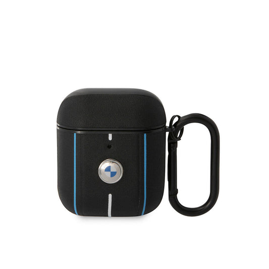 Airpods Kılıf BMW Orjinal Lisanslı PU Deri Mavi Beyaz Çizgili Metal Logolu Kılıf Siyah