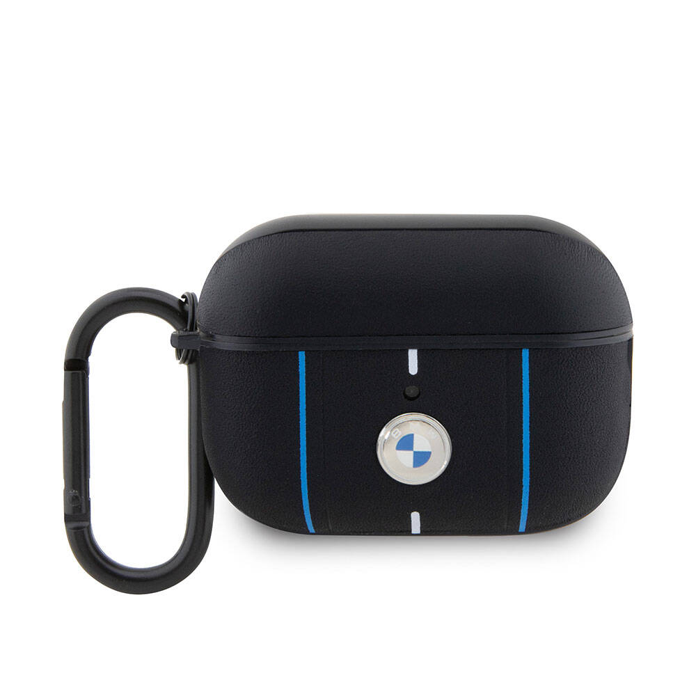 Airpods Pro 2 Kılıf BMW Orjinal Lisanslı PU Deri Mavi Beyaz Çizgili Metal Logolu Kılıf Siyah