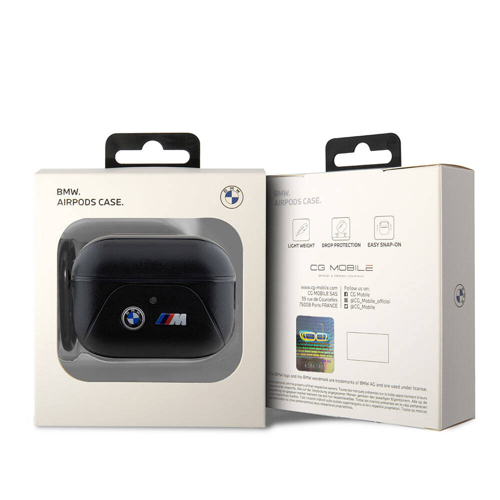Airpods Pro 2 Kılıf BMW Orjinal Lisanslı PU Deri Tasarımlı 3 Renk Çizgili Çift Metal Logolu Kılıf Siyah