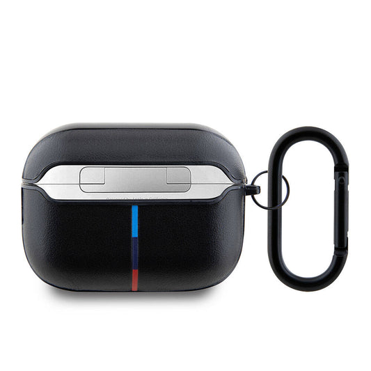 Airpods Pro 2 Kılıf BMW Orjinal Lisanslı PU Deri Tasarımlı 3 Renk Çizgili Çift Metal Logolu Kılıf Siyah