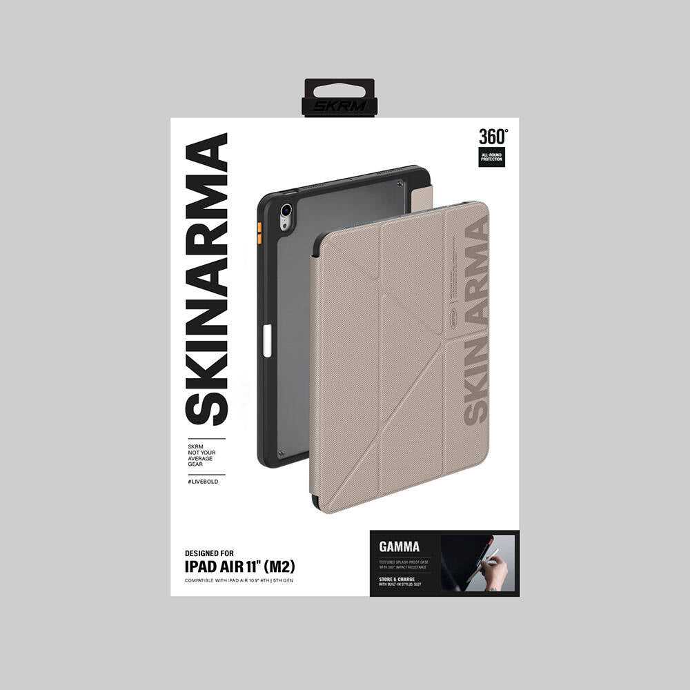 iPad Air 11 2024 Kılıf SkinArma Kabartma Baskı Tasarımlı 360 Tam Koruma Arkası Şeffaf Standlı Gamma Kılıf Siyah