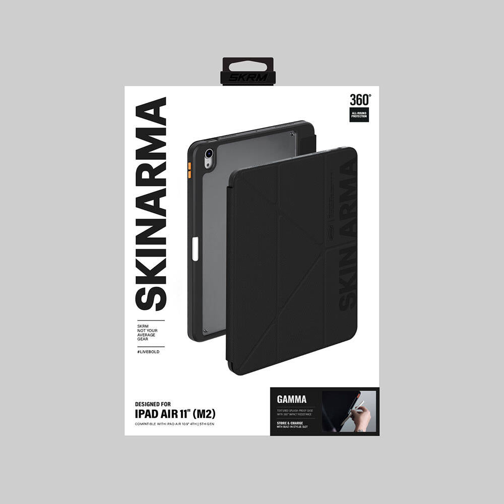 iPad Air 11 2024 Kılıf SkinArma Kabartma Baskı Tasarımlı 360 Tam Koruma Arkası Şeffaf Standlı Gamma Kılıf Siyah