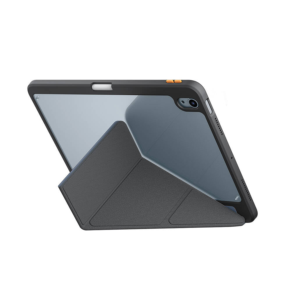 iPad Air 11 2024 Kılıf SkinArma Kabartma Baskı Tasarımlı 360 Tam Koruma Arkası Şeffaf Standlı Gamma Kılıf Siyah