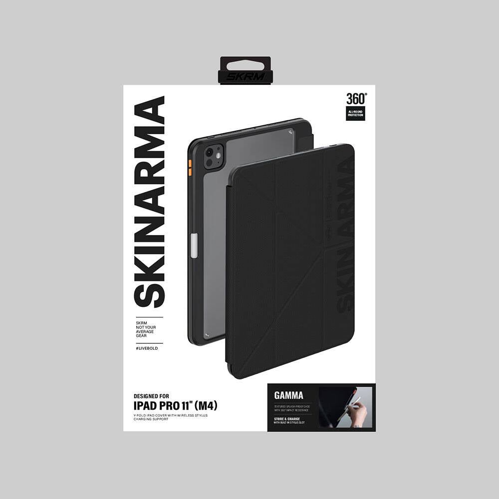 iPad Pro 11 2024 Kılıf SkinArma Kabartma Baskı Tasarımlı 360 Tam Koruma Arkası Şeffaf Standlı Gamma Kılıf Gold