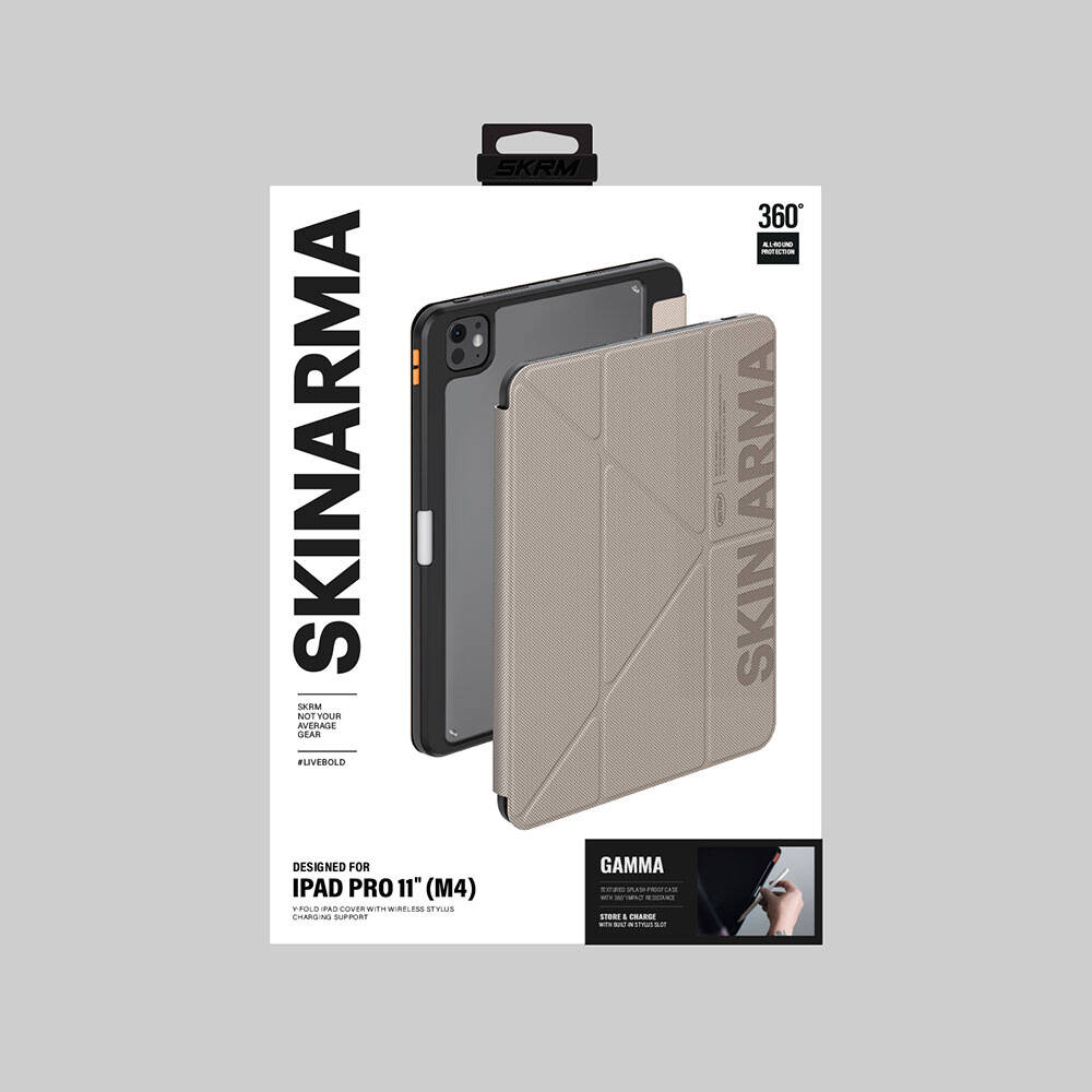 Apple iPad Pro 11 2025 M5 Kılıf SkinArma Kabartma Baskı Tasarımlı 360 Tam Koruma Arkası Şeffaf Standlı Gamma Kılıf Siyah