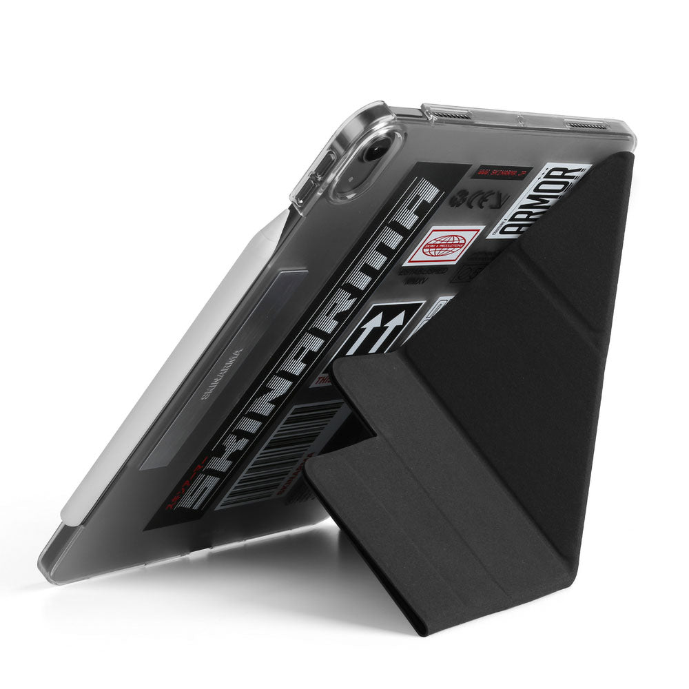 Apple iPad Pro 11 2025 M5 Kılıf SkinArma Sticker Tasarımlı Kalemlikli Arkası Şeffaf Standlı Magnetik Taito Kılıf Siyah