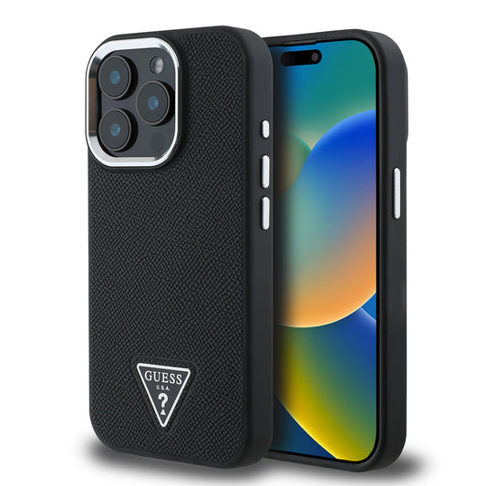 Apple iPhone 13 Pro Max Kılıf Guess Orjinal Lisanslı M-safe Şarj Özellikli Grained Triangle Kapak Siyah