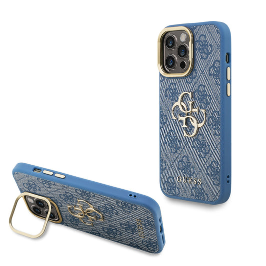Apple iPhone 13 Pro Max Kılıf Guess Orjinal Lisanslı PU Deri 4G Desenli Metal Büyük 4G ve Yazı Logolu Kamera Standlı Kapak Pembe