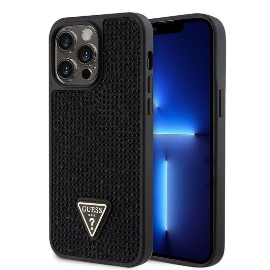 Apple iPhone 13 Pro Max Kılıf Guess Orjinal Lisanslı Taşlı Arka Yüzey Üçgen Logolu Kapak Pembe
