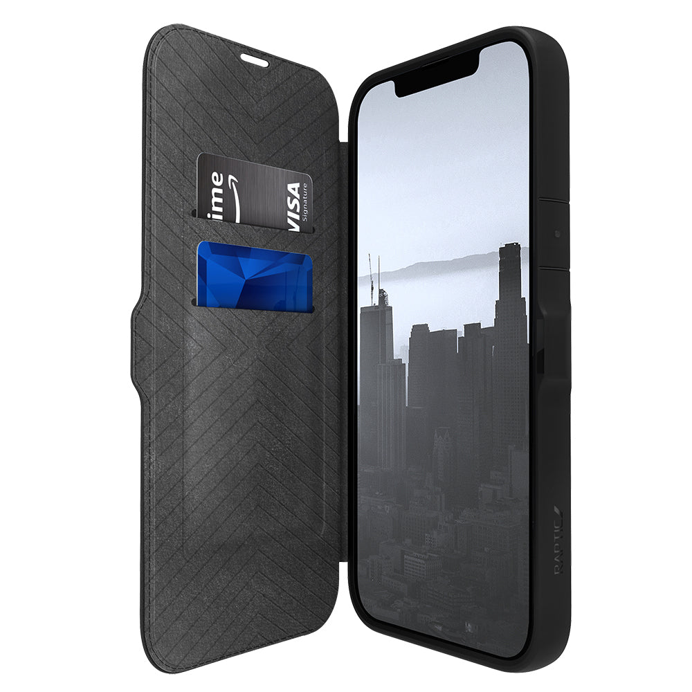 Apple iPhone 13 Pro Max Kılıf Vegan Deri Tasarımlı Şeffaf Arka Yüzey Kartlıklı Raptic Urban Folio Serisi Kapak Siyah