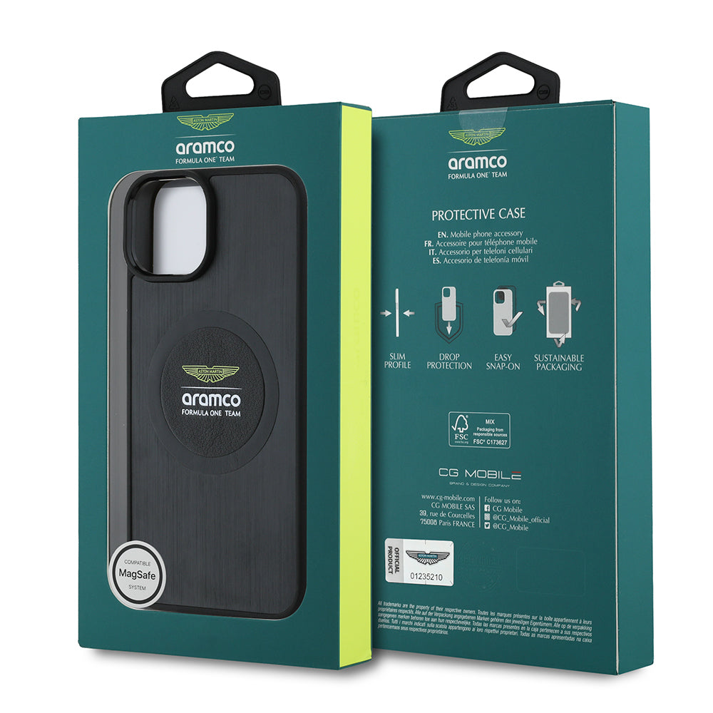 Apple iPhone 14 Kılıf Aston Martin Orjinal Lisanslı M-safe Şarj Özellikli Aluminyum Arka Yüzeyli Formula One Team Baskılı Kapak Siyah