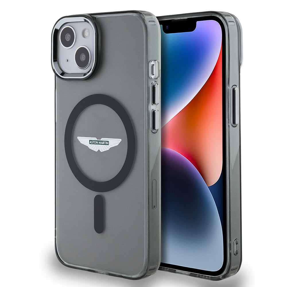 Apple iPhone 14 Kılıf Aston Martin Orjinal Lisanslı M-safe Şarj Özellikli  IML Baskı Logolu Metal Düğmeli Kapak Siyah
