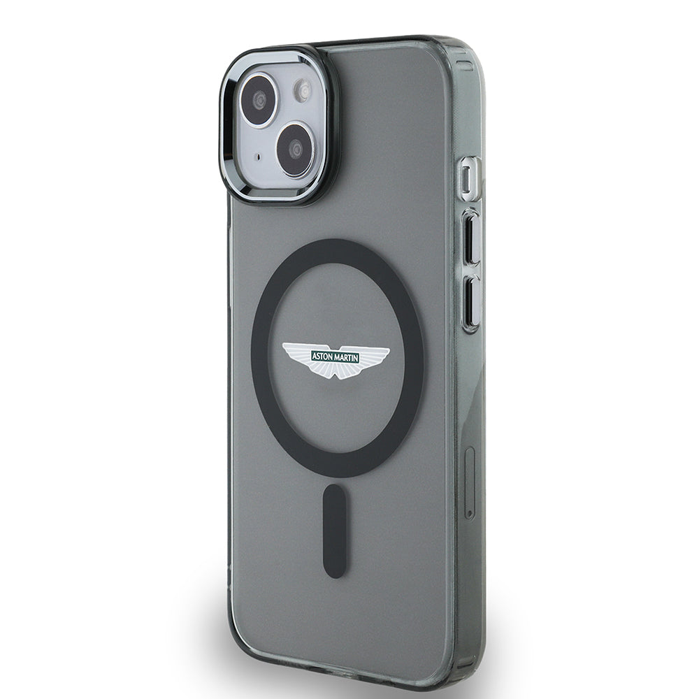 Apple iPhone 14 Kılıf Aston Martin Orjinal Lisanslı M-safe Şarj Özellikli  IML Baskı Logolu Metal Düğmeli Kapak Siyah