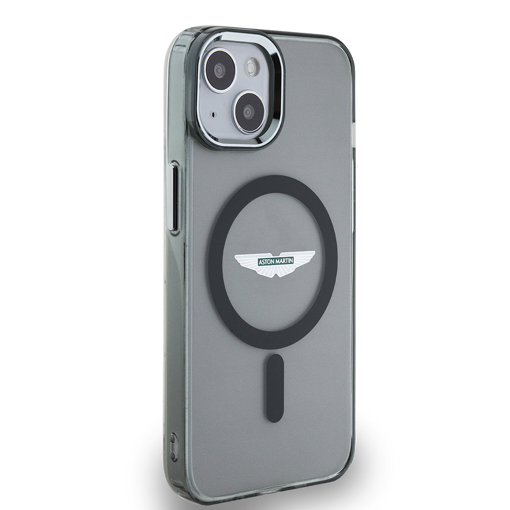 Apple iPhone 14 Kılıf Aston Martin Orjinal Lisanslı M-safe Şarj Özellikli  IML Baskı Logolu Metal Düğmeli Kapak Siyah