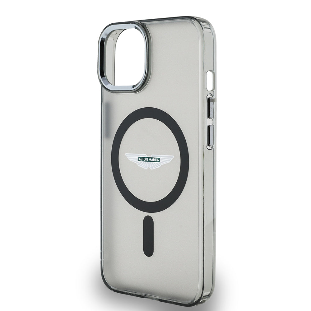 Apple iPhone 14 Kılıf Aston Martin Orjinal Lisanslı M-safe Şarj Özellikli  IML Baskı Logolu Metal Düğmeli Kapak Siyah