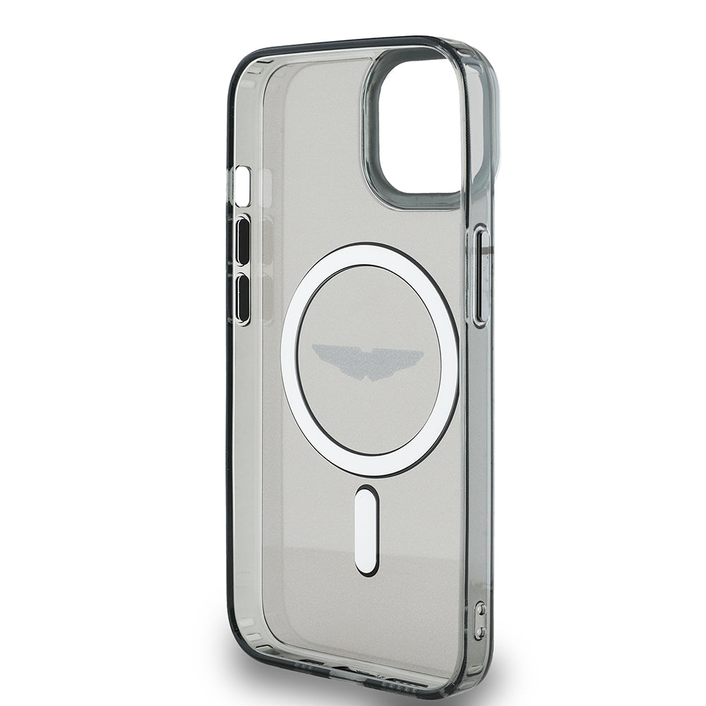 Apple iPhone 14 Kılıf Aston Martin Orjinal Lisanslı M-safe Şarj Özellikli  IML Baskı Logolu Metal Düğmeli Kapak Siyah