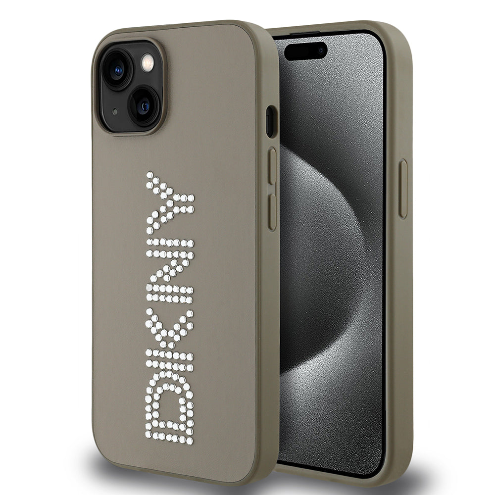 Apple iPhone 14 Kılıf DKNY Orjinal Lisanslı Taşlı DKNY Yazılı Metalik Rhinestones PU Deri Kapak Kahverengi
