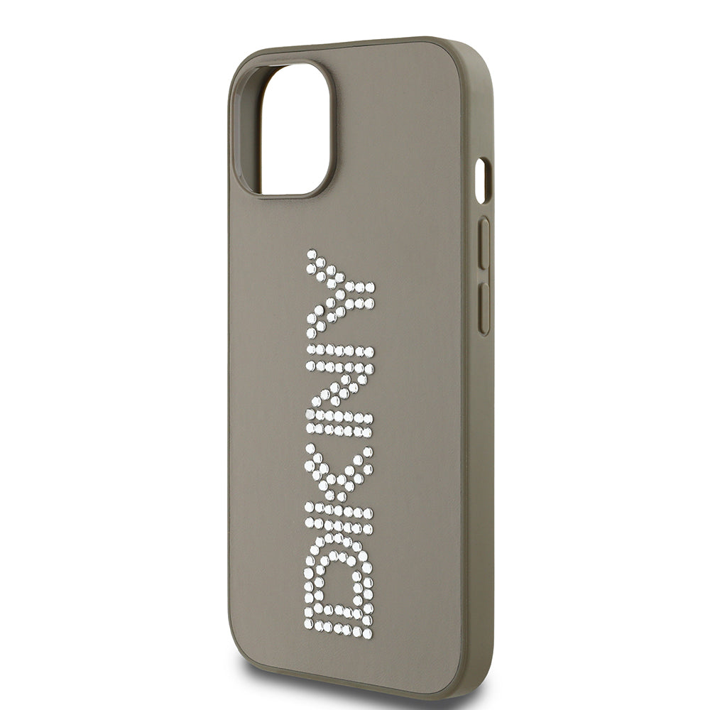 Apple iPhone 14 Kılıf DKNY Orjinal Lisanslı Taşlı DKNY Yazılı Metalik Rhinestones PU Deri Kapak Kahverengi