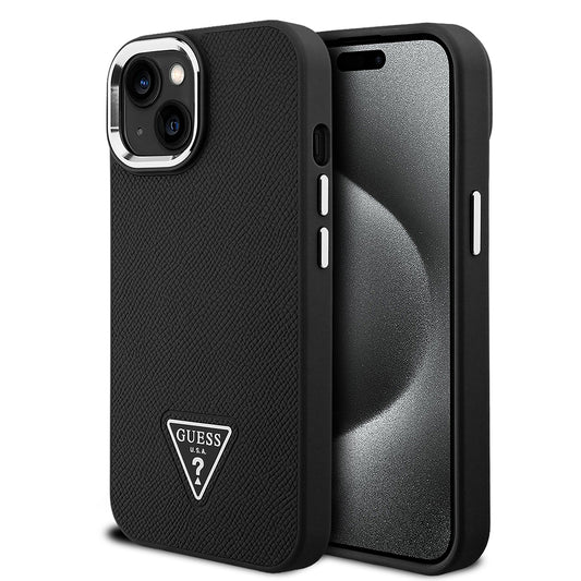 Apple iPhone 14 Kılıf Guess Orjinal Lisanslı M-safe Şarj Özellikli Grained Triangle Kapak Siyah