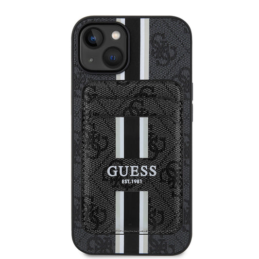Apple iPhone 14 Kılıf Guess Orjinal Lisanslı M-safe Şarj Özellikli 4G Desenli Çizgili Kartlıklı Kapak Siyah
