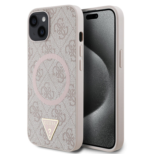 Apple iPhone 14 Kılıf Guess Orjinal Lisanslı M-safe Şarj Özellikli PU Üçgen Logo 4G Desenli Kapak