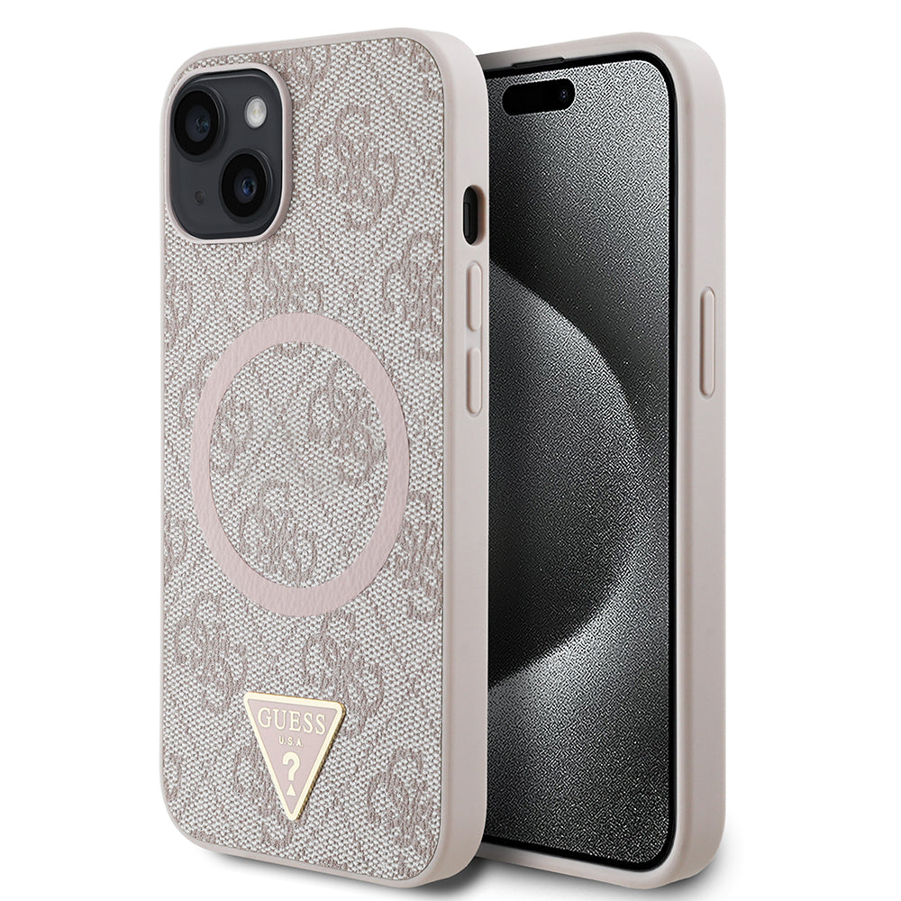 Apple iPhone 14 Kılıf Guess Orjinal Lisanslı M-safe Şarj Özellikli PU Üçgen Logo 4G Desenli Kapak