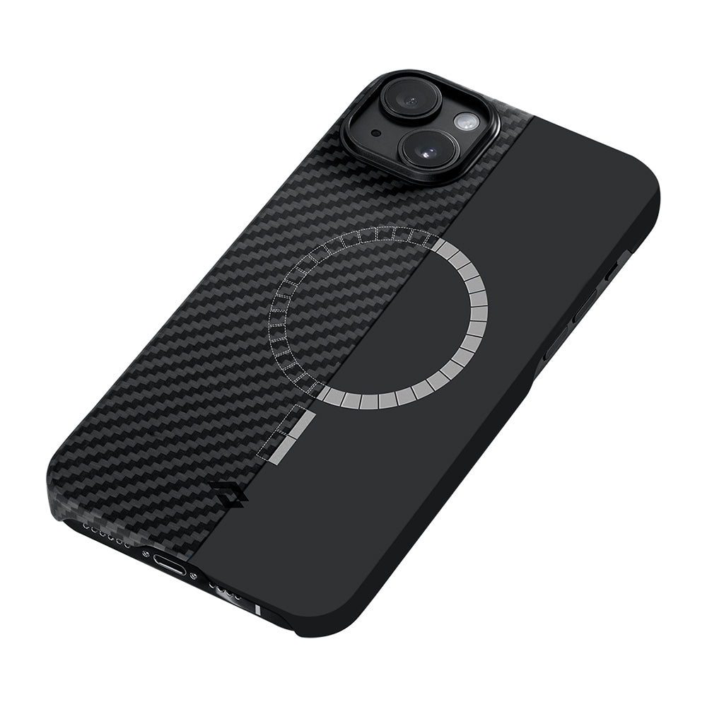 iPhone 14 Kılıf Magsafe Şarj Özellikli 1500D Aramid Fiber Pitaka Ultra-Slim Classic Serisi Black-Grey Twill Kılıf Siyah-Gri