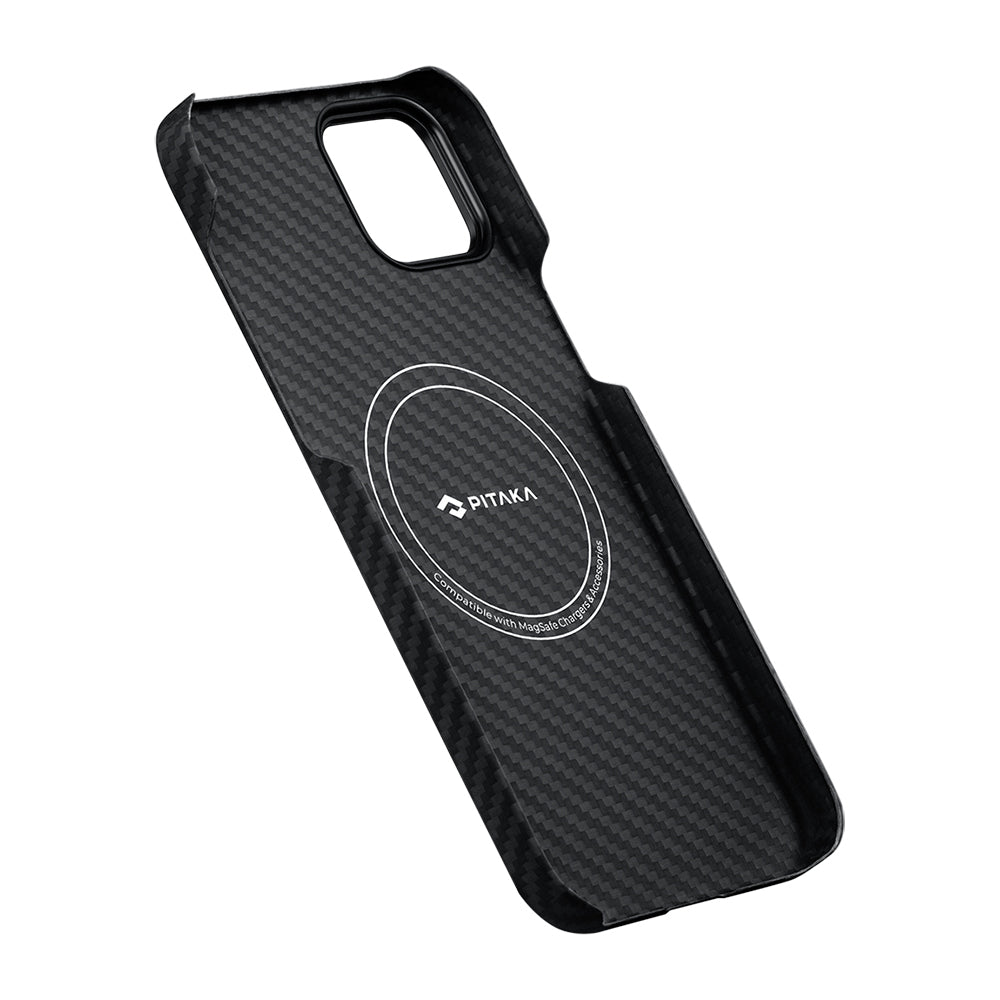 iPhone 14 Kılıf Magsafe Şarj Özellikli 1500D Aramid Fiber Pitaka Ultra-Slim Classic Serisi Black-Grey Twill Kılıf Siyah-Gri