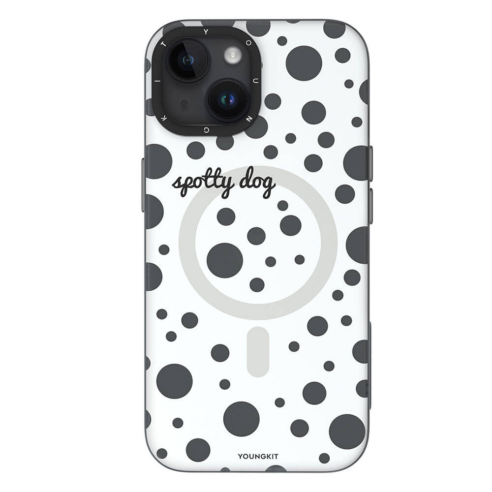 iPhone 14 Kılıf Magsafe Şarj Özellikli Polka Dot Desenli Youngkit Spots Serisi Kılıf Beyaz