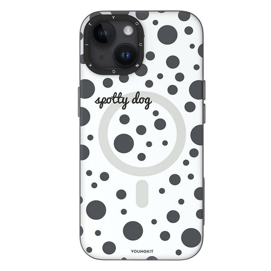 iPhone 14 Kılıf Magsafe Şarj Özellikli Polka Dot Desenli Youngkit Spots Serisi Kılıf Beyaz
