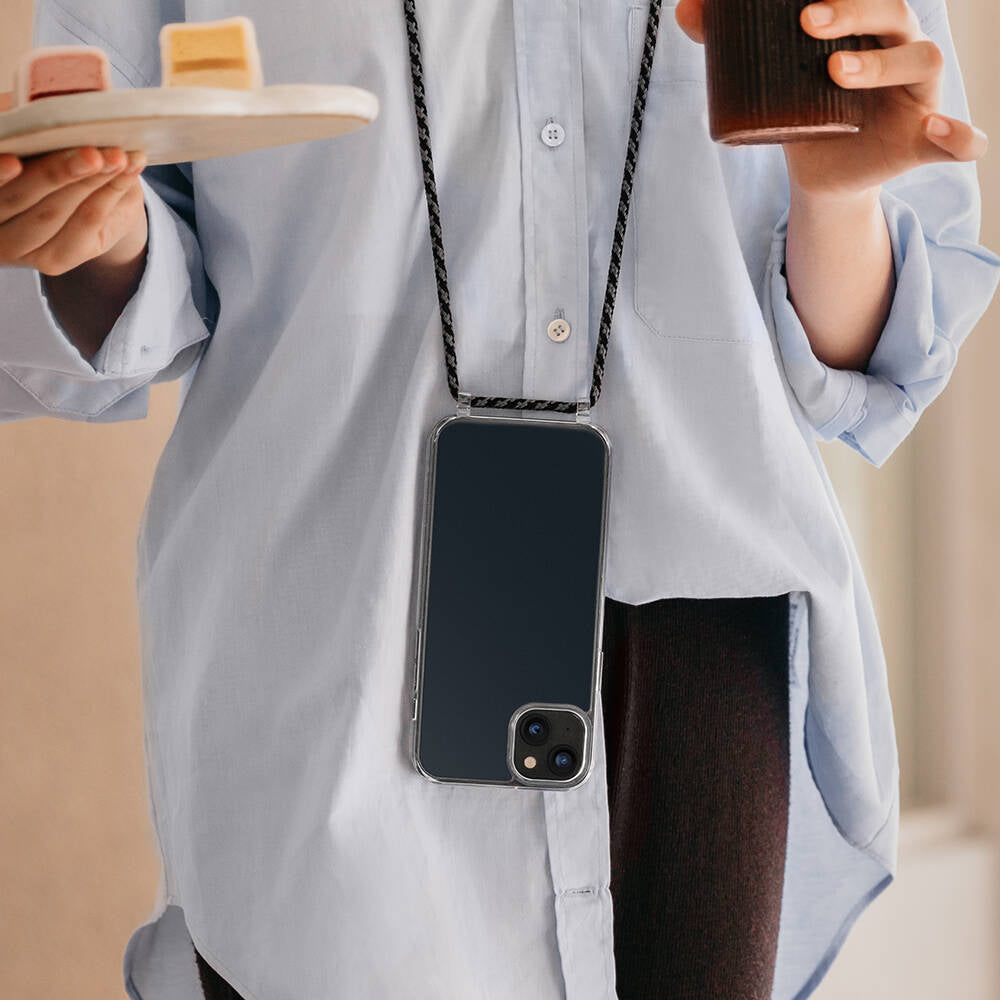 iPhone 14 Plus Kılıf Boyun Askılı Şok Önleyicili Şeffaf Lisanslı Switcheasy Play Kılıf Siyah