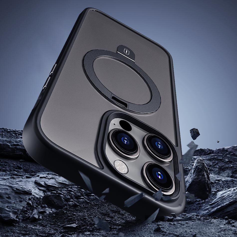 iPhone 14 Plus Kılıf Wiwu ZMM-010 Magsafe Şarj Özellikli Parmak İzi Bırakmayan Mat Transparan Standlı Kılıf Siyah