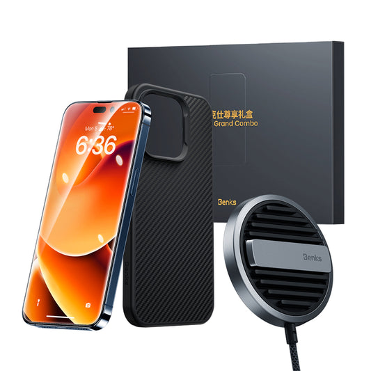 iPhone 14 Pro Benks Grand Combo MFM01 3in1 Aksesuar Seti Kılıf-Ekran Koruyucu-Wireless Şarj Aleti Siyah