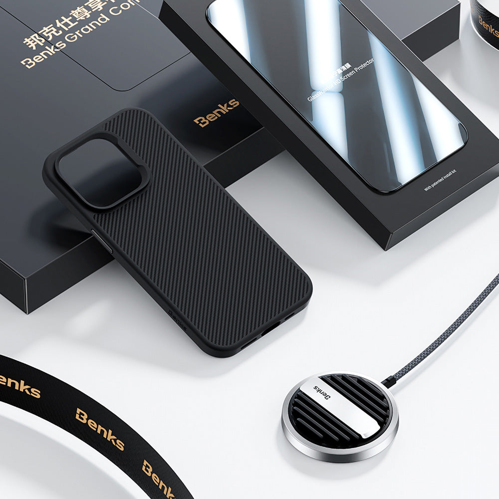 iPhone 14 Pro Benks Grand Combo MFM01 3in1 Aksesuar Seti Kılıf-Ekran Koruyucu-Wireless Şarj Aleti Siyah