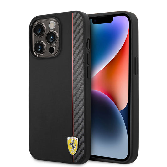 Apple iPhone 14 Pro Kılıf Ferrari M-safe Şarj Özellikli Pu Deri Ve Karbon Şeritli Dizayn Kapak