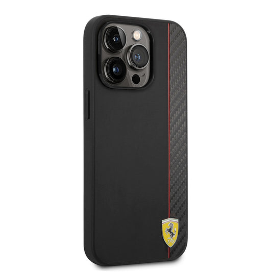 Apple iPhone 14 Pro Kılıf Ferrari M-safe Şarj Özellikli Pu Deri Ve Karbon Şeritli Dizayn Kapak