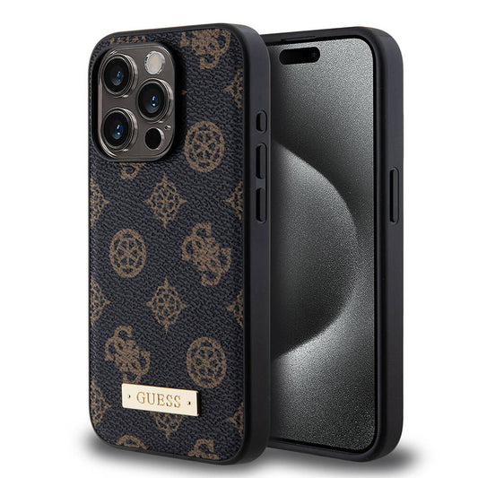 Apple iPhone 14 Pro Kılıf Guess M-safe Şarj Özellikli PU Deri Desenli Metal Plaka Logolu Kapak