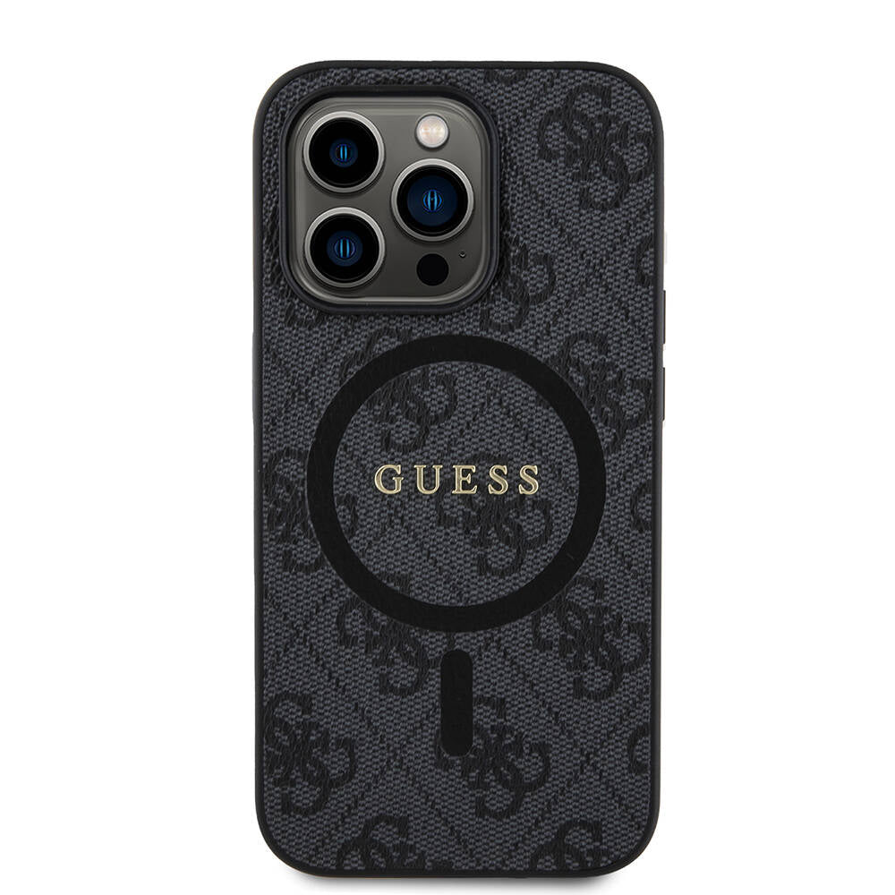 Apple iPhone 14 Pro Kılıf Guess Orjinal Lisanslı M-safe Şarj Özellikli PU Halkalı 4G Desenli Yazı Logolu Kapak