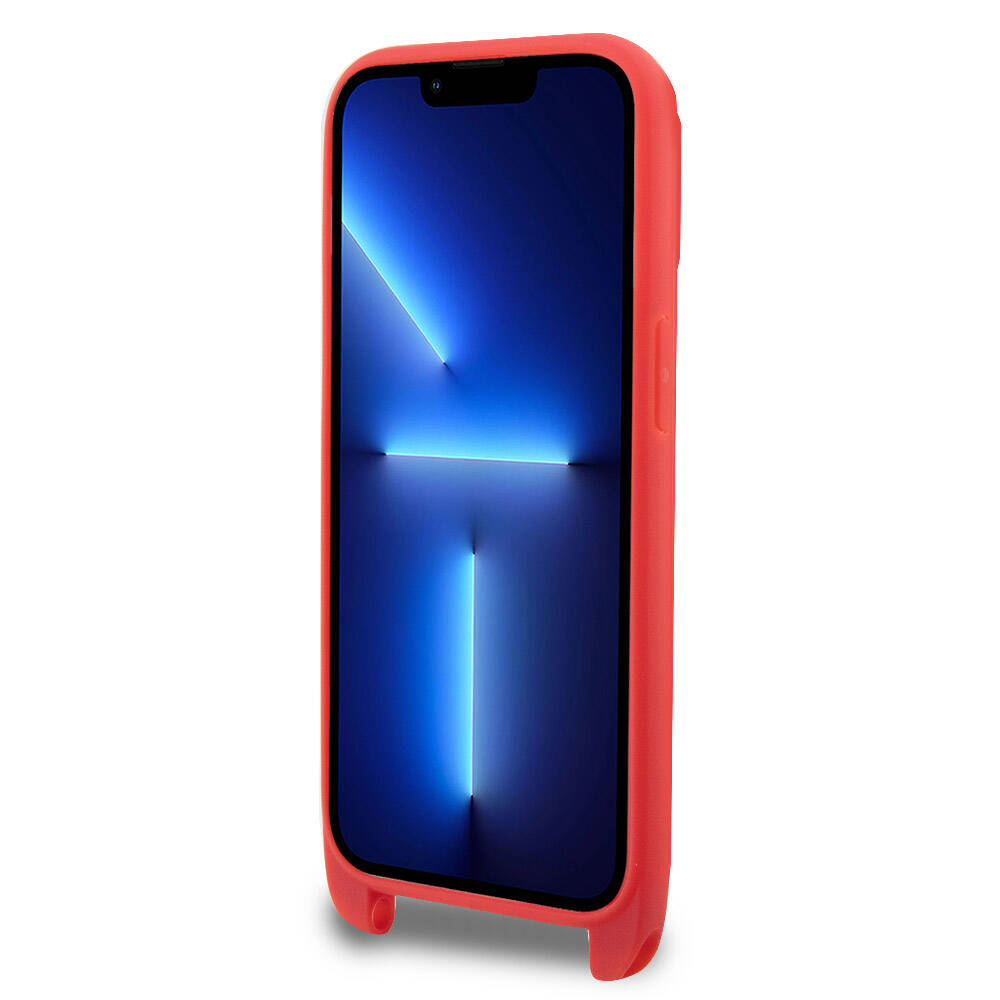 iPhone 14 Pro Kılıf Lacoste Orjinal Lisanslı PU Pike Desenli Arka Yüzey Askılı İkonik Timsah Dokuma Logolu Kılıf Kırmızı