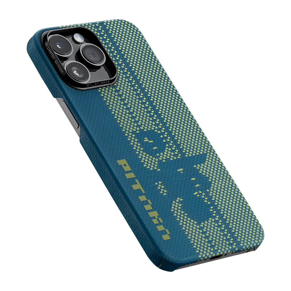 iPhone 14 Pro Kılıf MagSafe Şarj Özellikli Aramid Fiber Pitaka Tactile Woven Pixel Game Kılıf Yeşil-Mavi