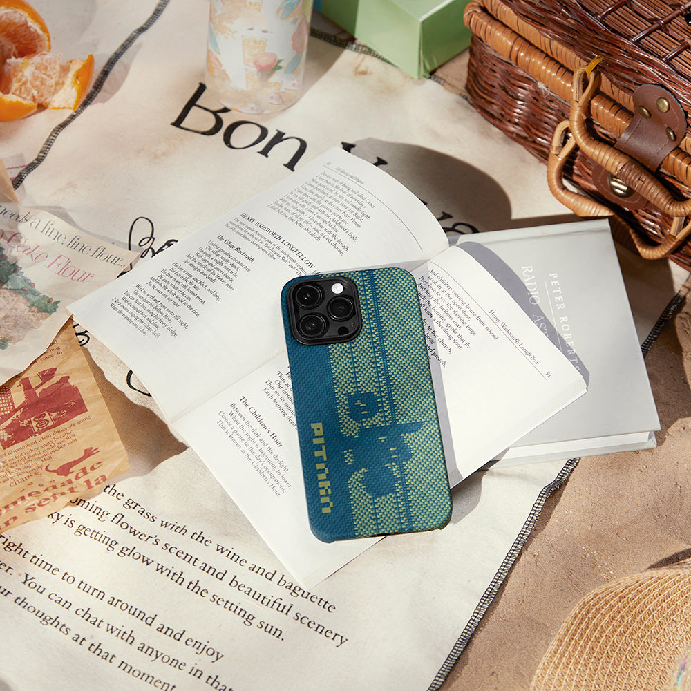 iPhone 14 Pro Kılıf MagSafe Şarj Özellikli Aramid Fiber Pitaka Tactile Woven Pixel Game Kılıf Yeşil-Mavi