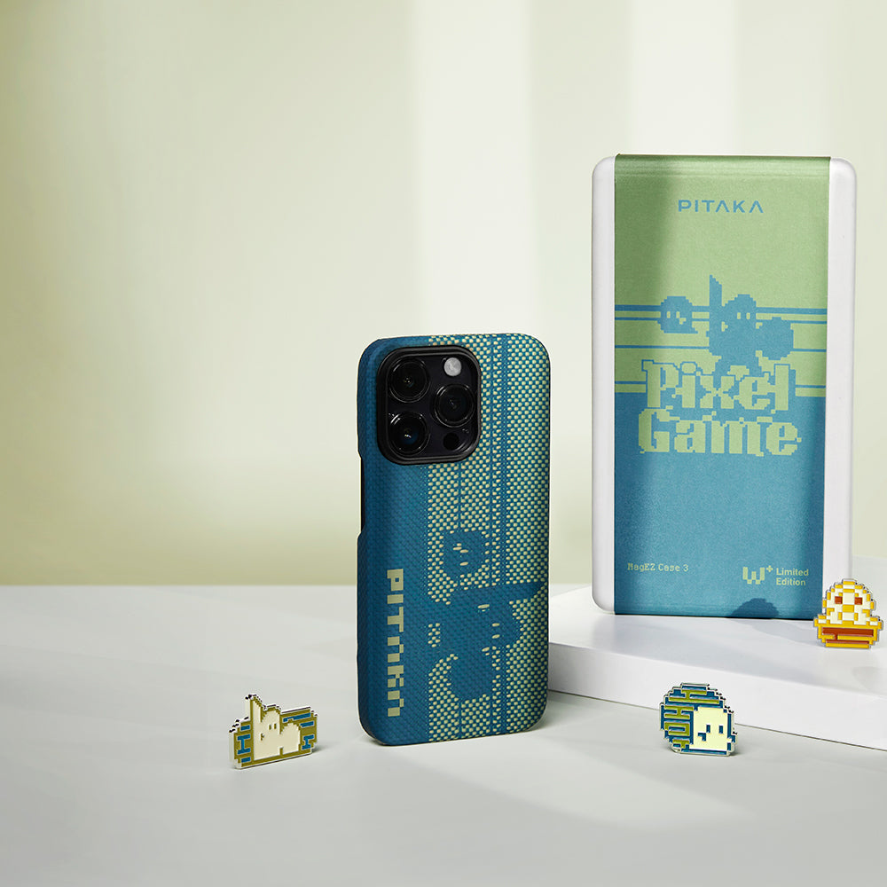 iPhone 14 Pro Kılıf MagSafe Şarj Özellikli Aramid Fiber Pitaka Tactile Woven Pixel Game Kılıf Yeşil-Mavi