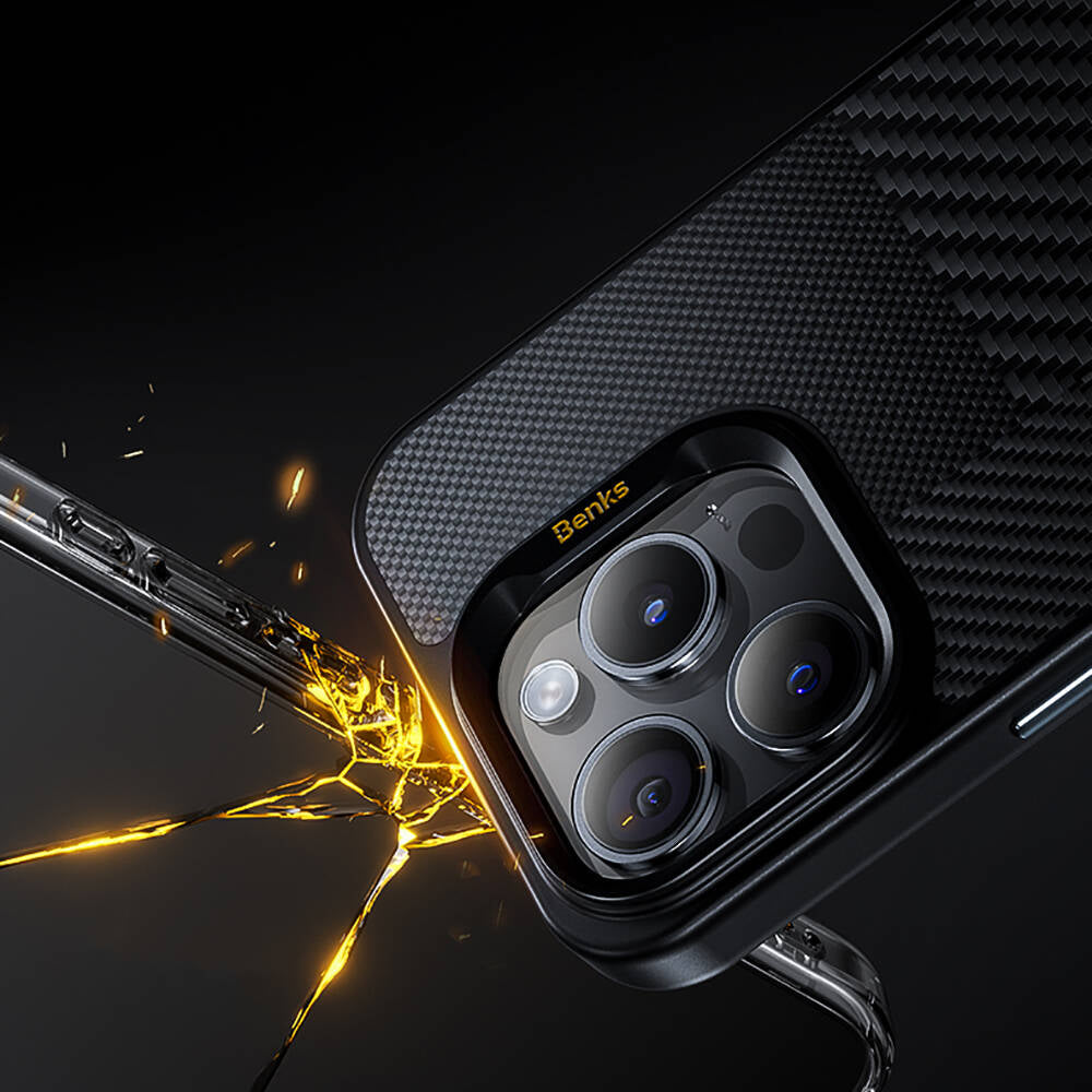 iPhone 14 Pro Kılıf Magsafe Şarj Özellikli Karbon Fiber Benks Montage Hybrid ArmorPro Kevlar Kılıf Siyah