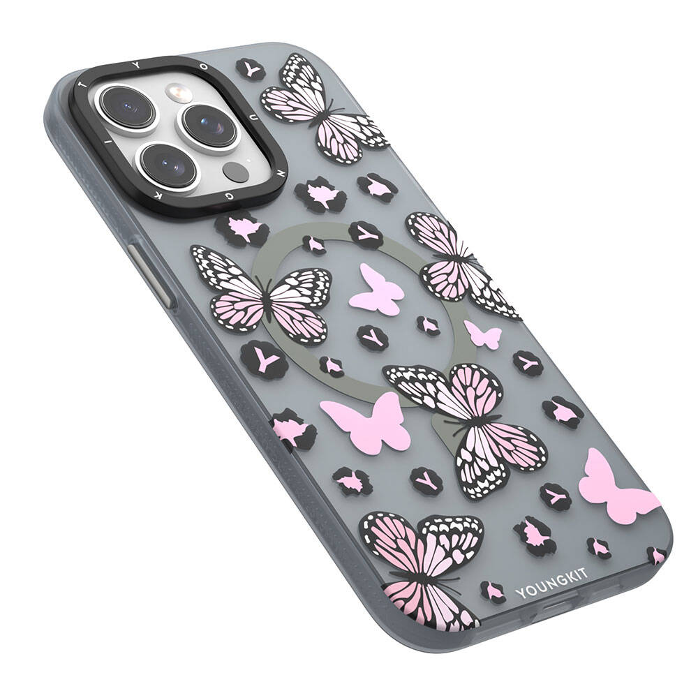 iPhone 14 Pro Kılıf Magsafe Şarj Özellikli Kelebek Desenli Youngkit Shadow Dance Serisi Kılıf Pembe